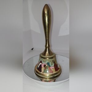 Vintage Christmas Brass Bell Hand Painted Nativity Scene Cloisonné style Jesus